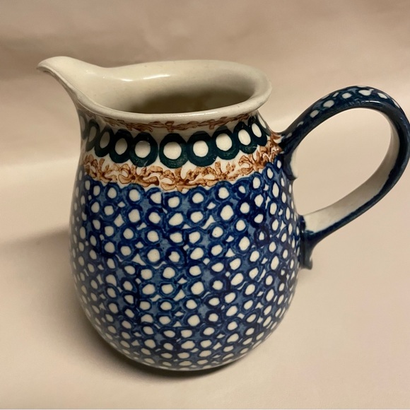 Boleslaweic Handmade Polish Pottery 4.5” Blue Pitcher, Stamped Castle B - Picture 2 of 3